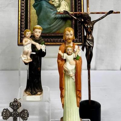 Religious Ceramic Icons, Metal Crucifixes & Framed Photo