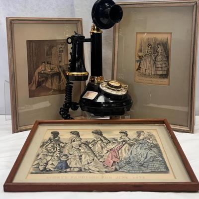 Vintage Telephone and 19th-Century Fashion Prints
