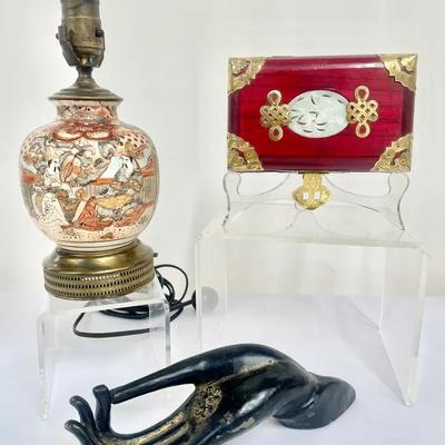 Beautiful Japanese Satsuma Lamp, Chinese Jewlery Box & Buddhist Mudra Sculpture
