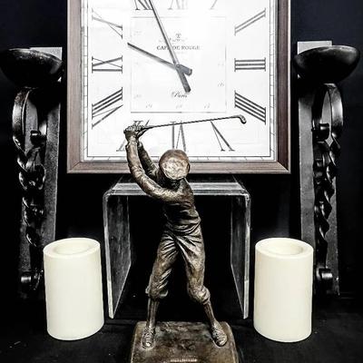 Bronze Golf Trophy Statue with Paris Wall Clock & Decorative Sconces Set
