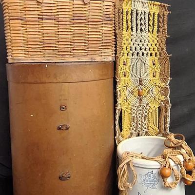 Vintage Western Stoneware Monmouth Crock, Vintage Hawkeye Picnic Basket, And More