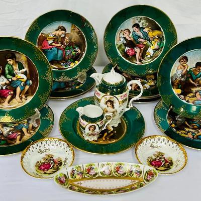Gloria Fine Porcelain (W Germany) Figural Plates & Tea Set w/Rococo Accent Dishes – 17-Pc Set
