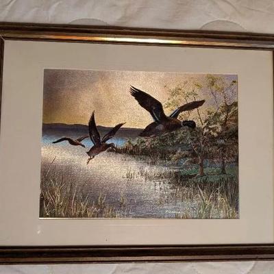 F Osborne Foil Art Mallard Ducks Waterfowl Matted & Framed - Signed