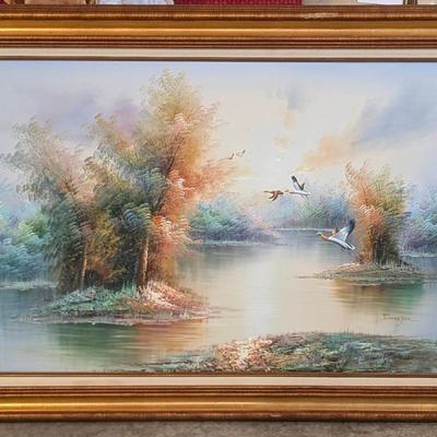 Beautiful Pastel Color Oil Painting Of Mallards On A Lake - Landscape, Signed