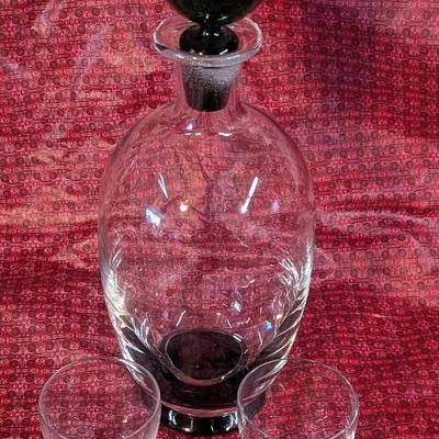 Green Decanter With Stopper And Two Matching Glasses 