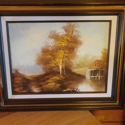 Signed Autumnal Water Mill Scene Handpainted Acrylic Painting