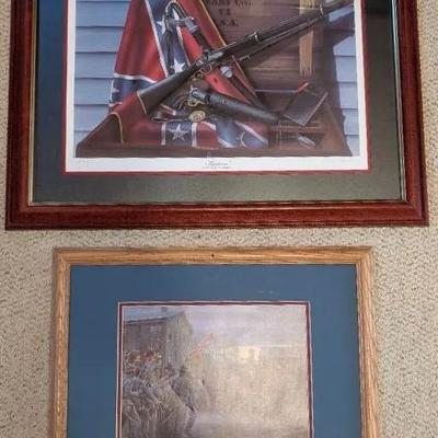 Set Of Two Civil War Prints Framed, One Without Glass