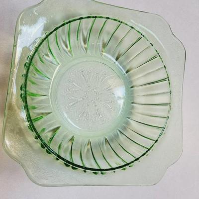 Vtg Jeannette Uranium Glass Bowl Adam Green Pattern with Cherry Blossoms