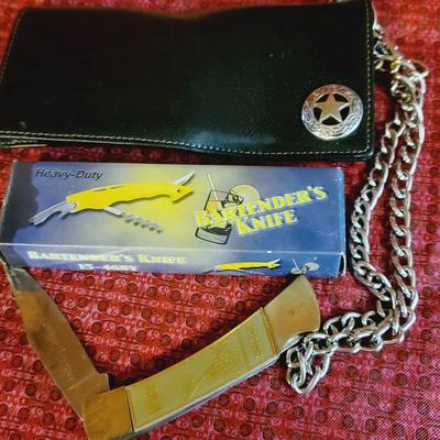Chained Leather Wallet Pocket Knife And Tailgating Bar Knife