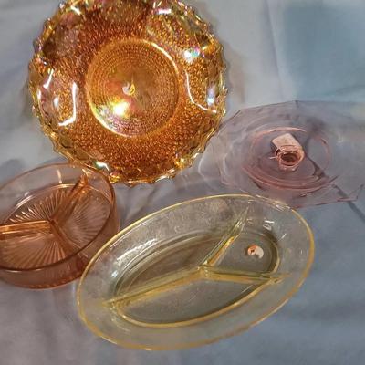 4pc Vintage Depression And Carnival Glass Pink Yellow Iridescent Amber