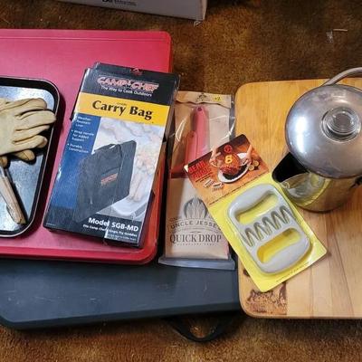 Camp Kitchen Lot Percolater 2 Tables Gloves Tray And More