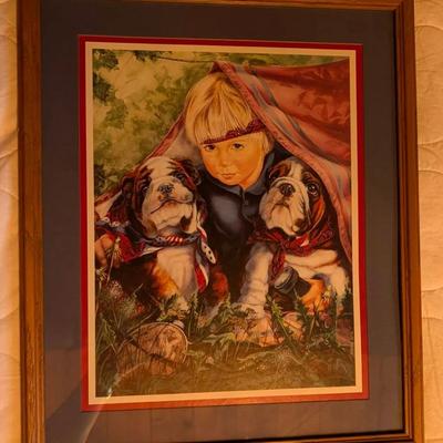 Home Interiors Picture Boy Dogs Camping Tent English Bulldogs Wood Frame 15"x18"