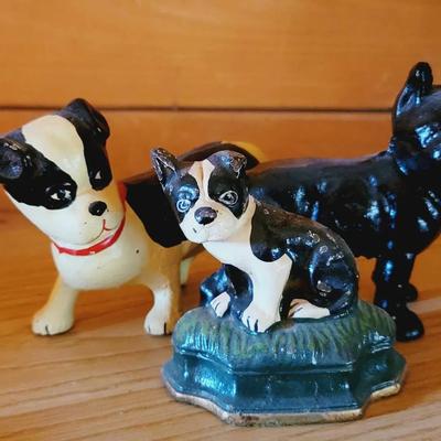 3pc Cast Iron Boston Terrioe Bully Breed Dogs Figure And Door Stop