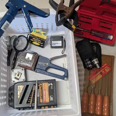 Misc Garage Lot, Caulk Gun, Chisels, Screwdriver, Staple Gun, Drill Bits, Magnifying Glass Etc