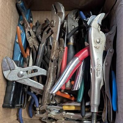 Box of Misc. Types of Pliers, Tin Snips, Dikes, and More