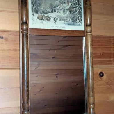 VTG Currier & Ives Wooden Framed Mirror with Lithograph ~The Snow Storm