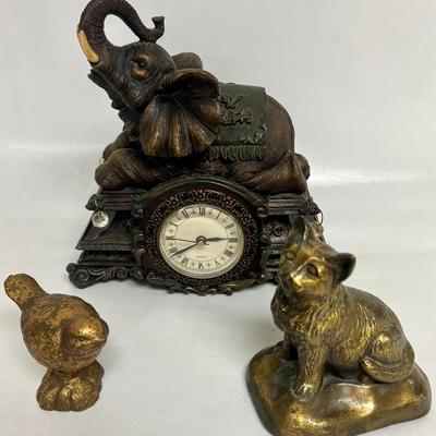 Brass Cat Bank, Cast Iron Bird, and Elephant Clock