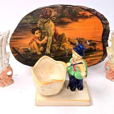 Bisque Porcelain & Ceramic Figurines &  Wood Plaque 