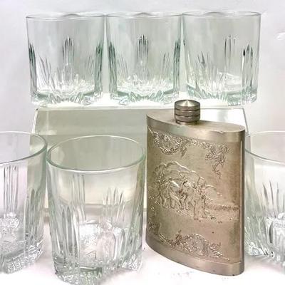 “Bormioli Rocco” Whiskey Glasses & Pewter Flask