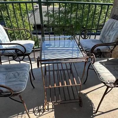 Iron and Wicker Chairs with Matching Serving Cart