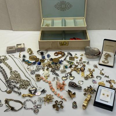 14K Gold Earrings (doesn't indicate plted or not), Jewelry Box & Large Assortment of Costume Jewelry
