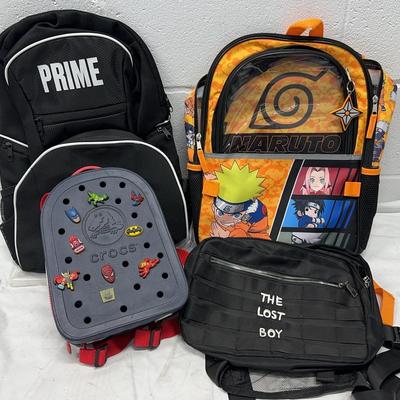 Anime & Pop Culture Backpack Lot – Naruto, Crocs Mini Pack, Prime & Lost Boy