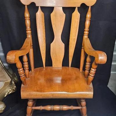 Solid Wood Colonial Rocking Armchair – Spindle Base & Shaped Crest