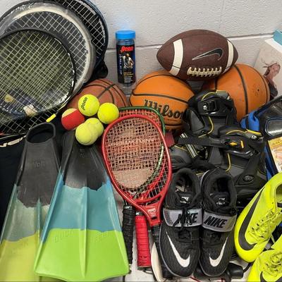 Sports & Outdoor Gear Lot – Nike Cleats, Tennis Rackets, Basketballs & Flippers