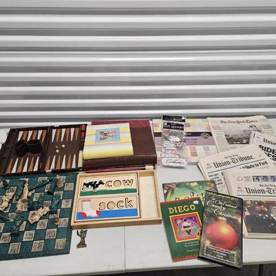 Games & Entertainment -- Backgammon, Ornate Chess Set, Newspapers