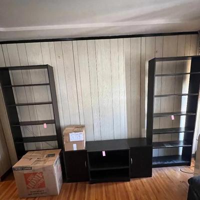 Pair of Tall 6-Shelf Bookcases – Dark Wood-like Finish, Wrapped for Storage/Move