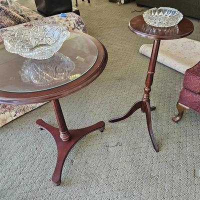 Pair Of Tripod Pedestal Tables & Glass Decor 