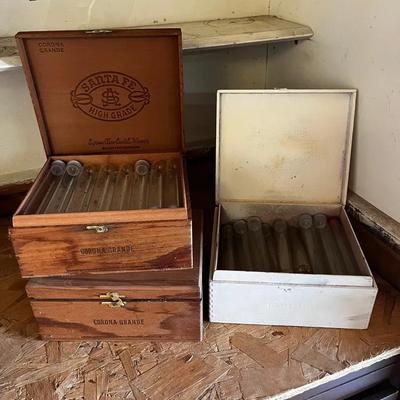 3 Retro Cigar Boxes & Glass Cigar Tubes