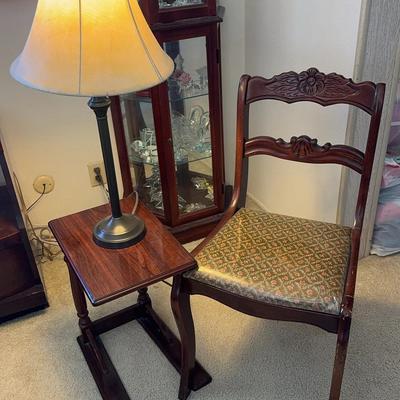 Vintage French Mahogany Table, Chair, Lamp