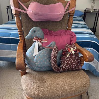 Vintage Wooden Rocking Chair & Handmade Animal Doorstops  