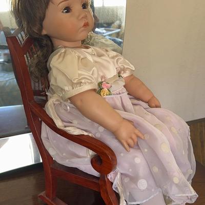 Vintage Porcelain Girl Doll & Wood Rocking Chair