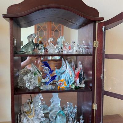 Vintage Wall Cabinet & Glass Animal Figurines 