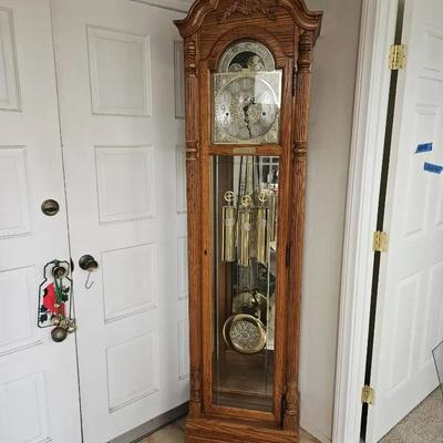 Grandfather / Longcase Clock – Oak Case, Pendulum & Weights, Moon Dial