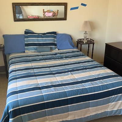 Full Size Bed Frame, End Tables, Lamps