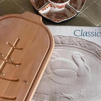 Turkey Platter, Spiked Carving Board, Nasco Mountain Woodland Chip/Dip Bowl
