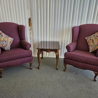 Set Of Maroon Wingback Accent Chairs & Small Table 