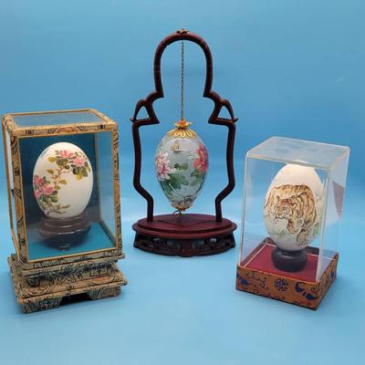 Vintage Chinese Reverse Painted Hanging Glass Egg on Wood Base, Handpainted Egg in Display Case