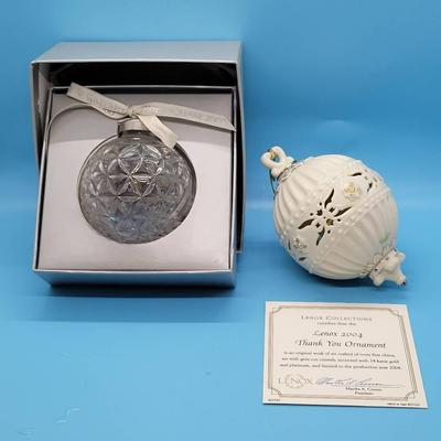 (2) Collectible Ornaments: Waterford Times Square 2000, Lenox 2004 Thank You Ornament