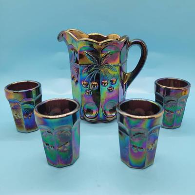 Cherry Thumbprint Purple Carnival Glass Child's Pitcher & Cup Set by Mosser 1980's