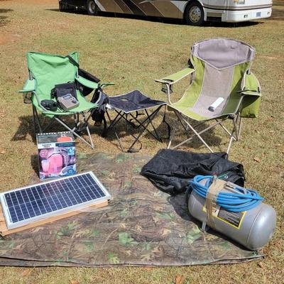 Everything you need for Camping: Inflatable Bed, Folding Chairs, .Solar Panel, Binoculars, 