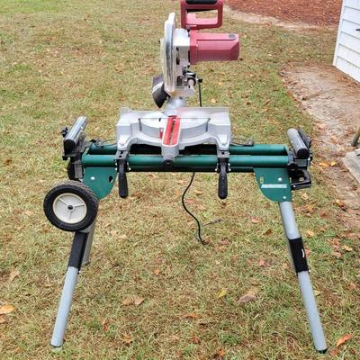 TOOLSHOP Miter Saw Mounted on a Masterforce Universal Folding Stand with Wheels