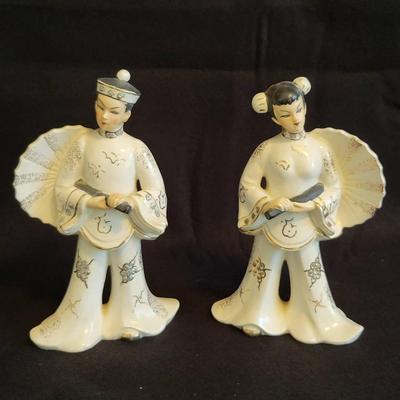 Male and Female Japanese Figures with Umbrellas-Marked JAPAN