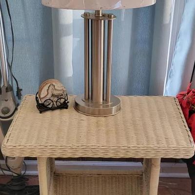 Wicker Table, Lamp, Etc