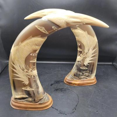 Pair Of Hand Carved Buffalo Horns