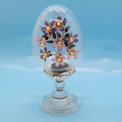 Franklin Mint Collectible Egg on Pedestal with Pink and Purple Enamel Flowers-1990 Austria