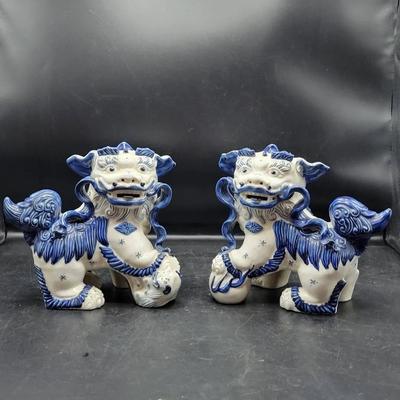 1960s Blue And White Foo Dogs-Handpainted Porcelain